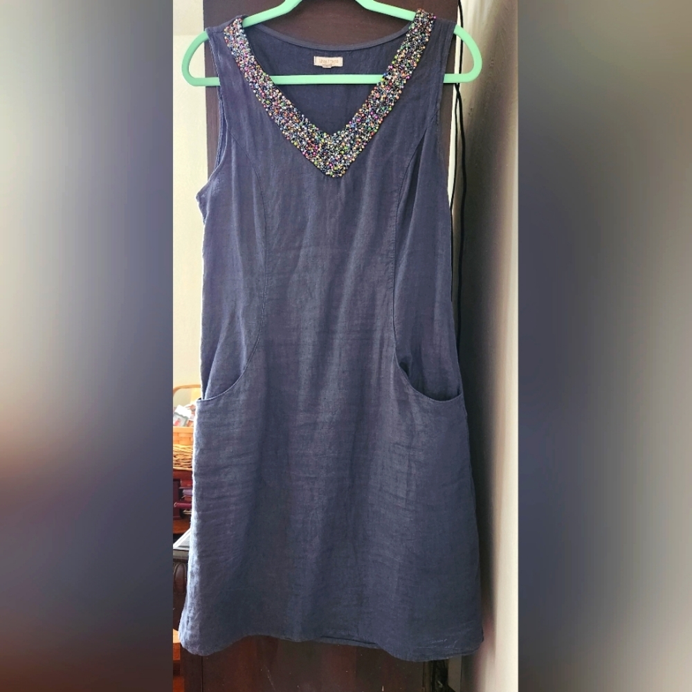 Lina Tomei linen dress blue-gray sleeveless size S